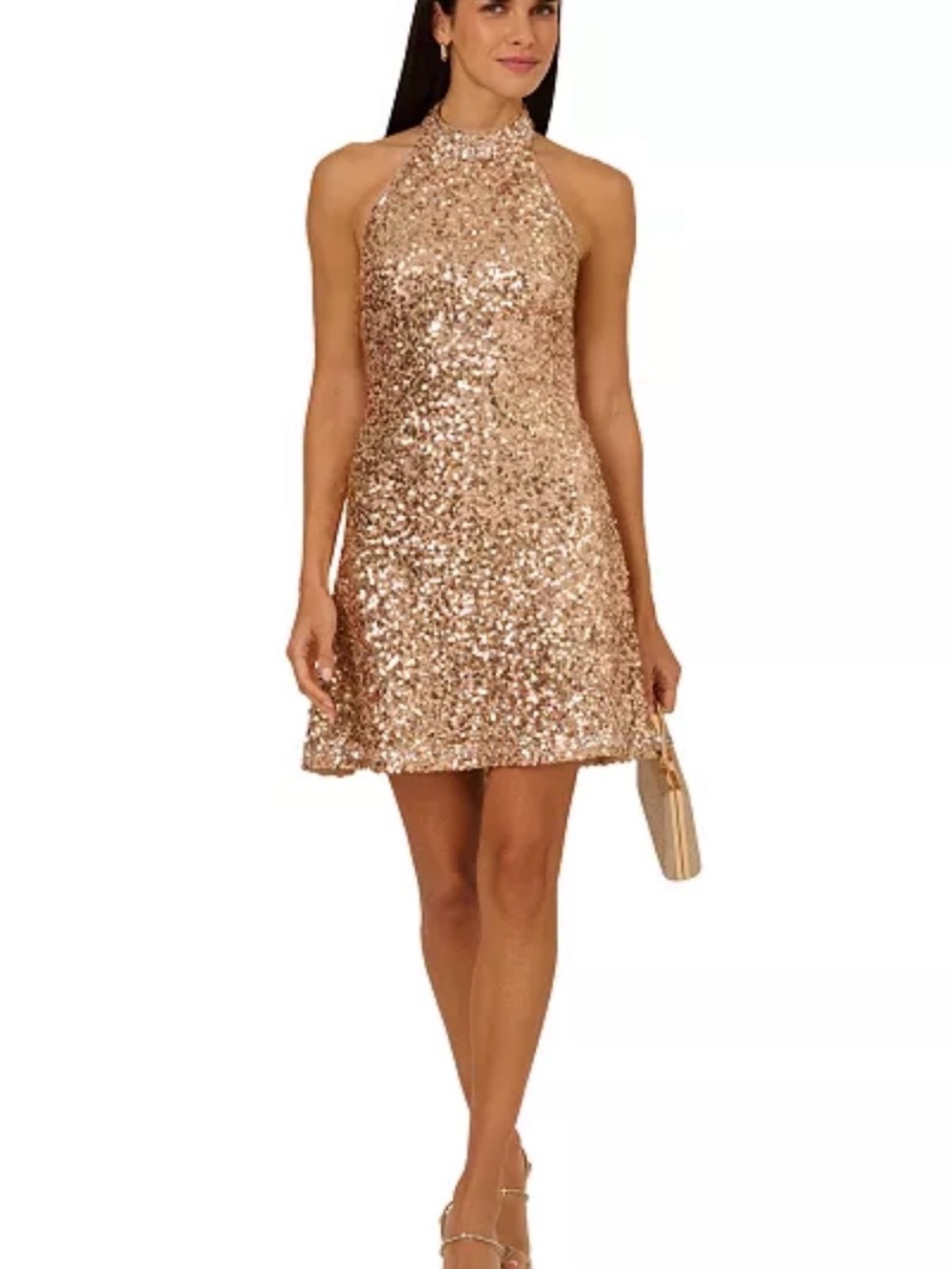Adrianna Papell Champagne Sequin Halter Mini Dress Sz 6 NWT